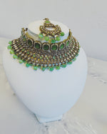 Sensational Stylish Gold & Green Necklace, Earrings & Tikka Set