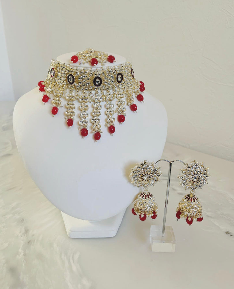 Graceful Maroon and Silver necklace,earring and tikka set